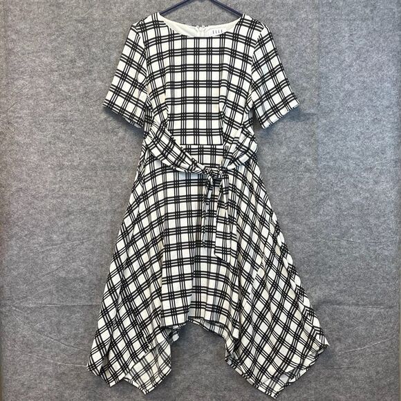 ELLE Black White Plaid Fit & Flare Dress Handkerchief Hem Size Large Zipper EUC - Picture 1 of 15